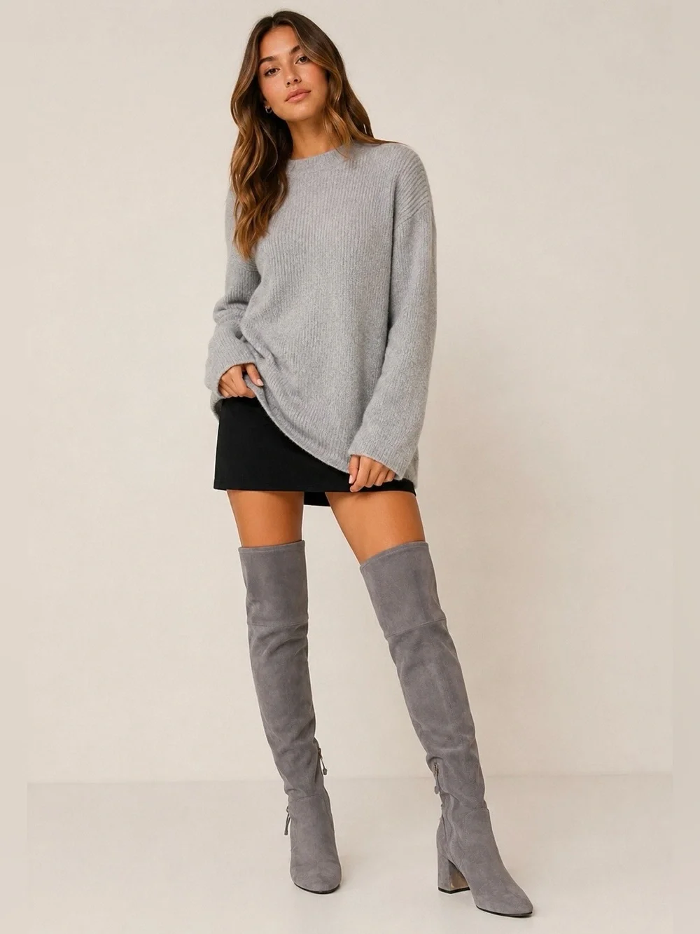 Tory Burch Laila Gray Suede Stretch Over The Knee Boots Size 5 Block Heel OTK
